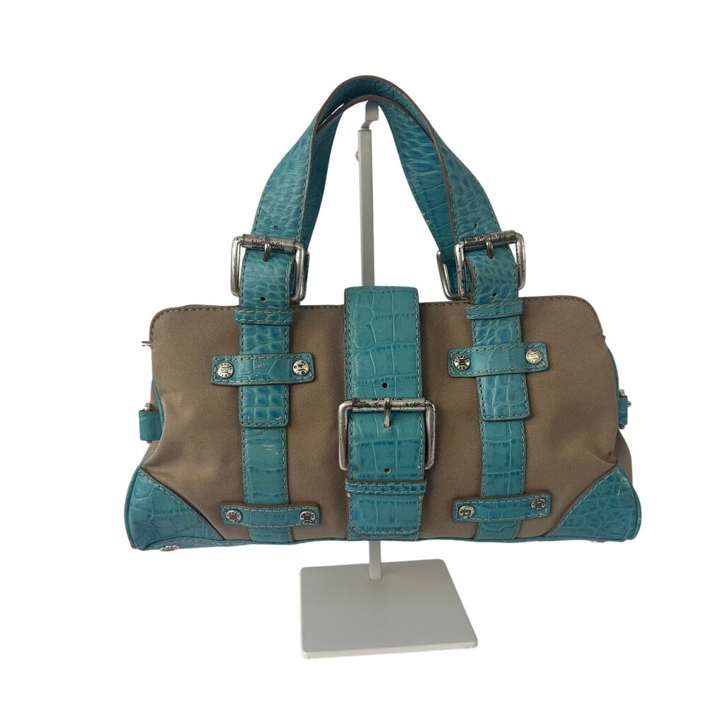 Michael Kors Vintage Satchel Turquoise Croc Embossed Leather Canvas Bag Y2K 2000